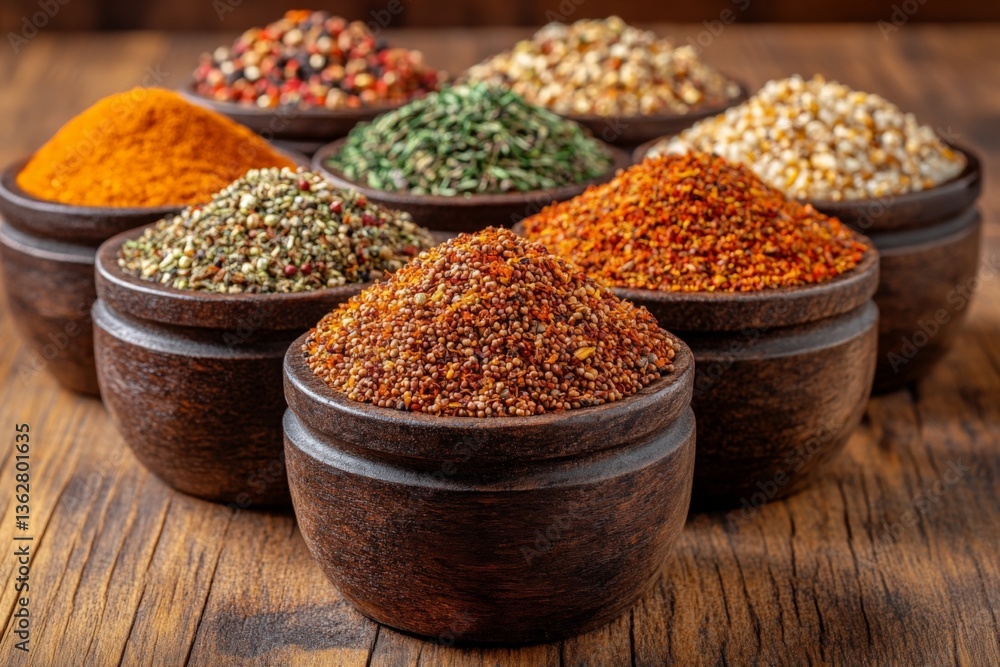 Poster colorful assortment of spices in wooden bowls arranged on a rustic table setting