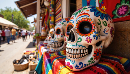 Fototapeta premium Colorful decorative skulls celebrating Cinco de Mayo in a vibrant market 