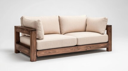 Obraz premium Floating wooden sofa with hidden storage, minimalist aesthetic, rich walnut wood, soft beige cushions