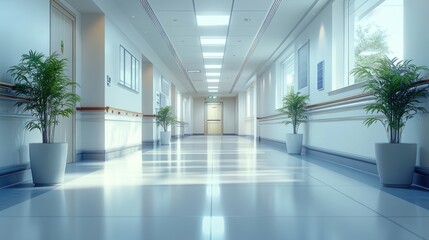 Fototapeta premium Serene Hospital Corridor: A Modern Healthcare Interior