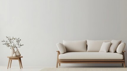 Japaneseinspired wooden sofa with Zen aesthetic, dark oak finish, soft neutral cushions, peaceful ambiance