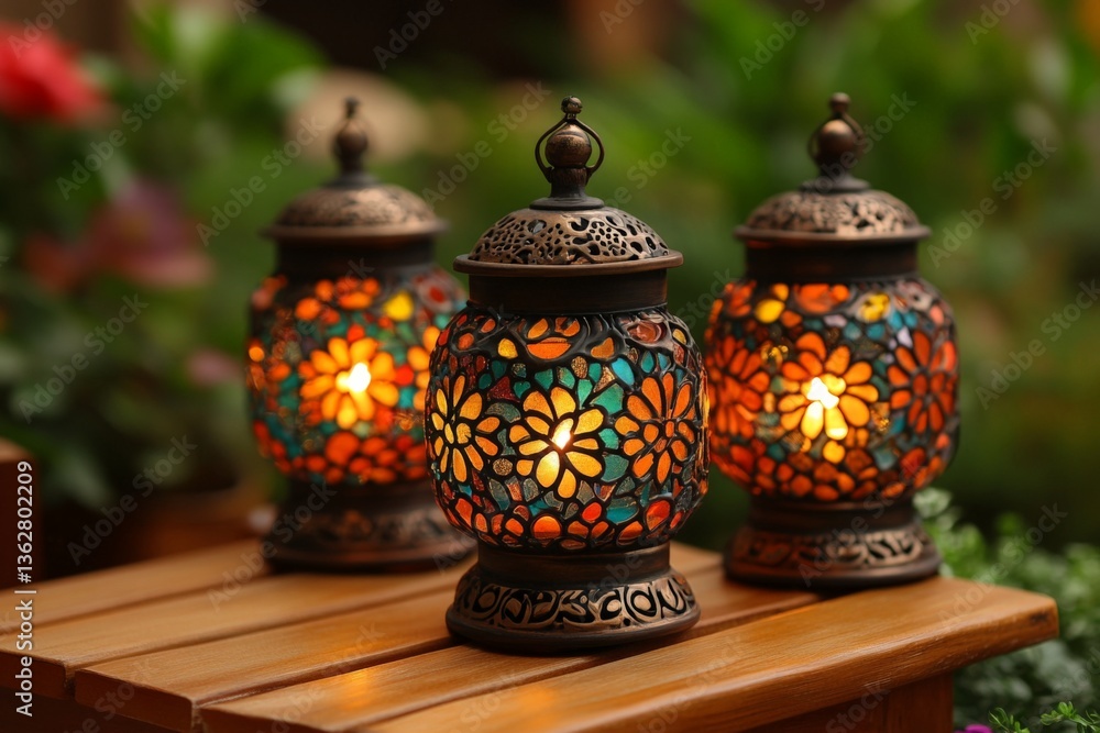 Poster decorative lanterns illuminate a garden setting with vibrant colors and intricate designs during an 