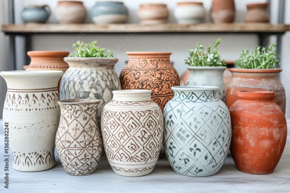 Poster ceramic vases displayed on a shelf with greenery, showcasing diverse designs and colors in a bright 