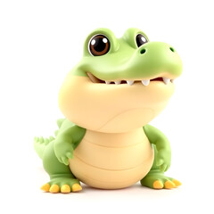 Fototapeta premium Crocodile – 3D baby crocodile, tiny soft teeth, chubby round body, big bright eyes, pastel green and yellow tones, white background Generative AI