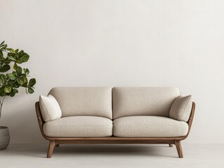 Organicshaped wooden sofa, sculpted frame, luxurious yet understated minimalist appeal, soft fabric cushions