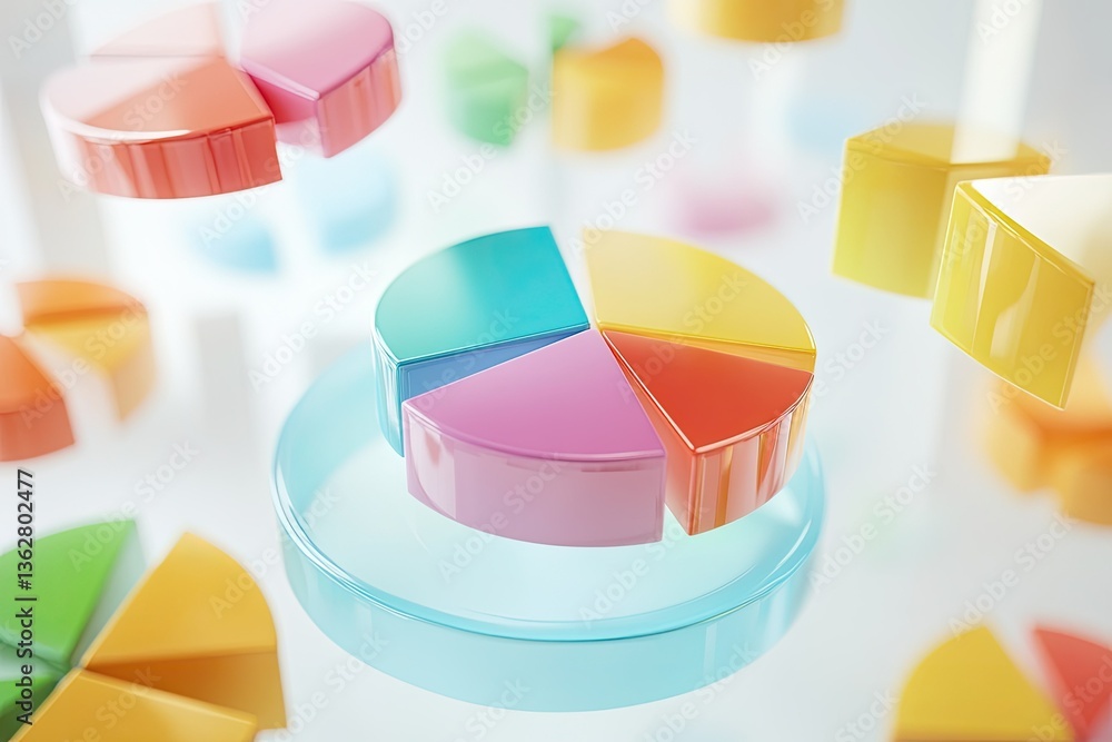 Poster glossy 3d colorful pie chart segments floating on white background, closeup view