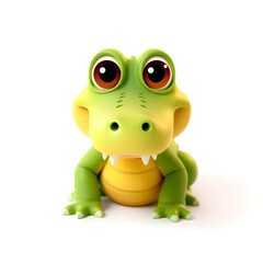 Fototapeta premium Crocodile – 3D baby crocodile, tiny soft teeth, chubby round body, big bright eyes, pastel green and yellow tones, white background Generative AI
