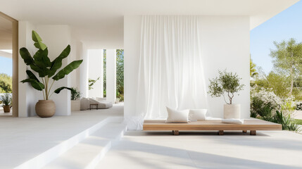 Naklejka premium Serene Minimalist Patio Design Wooden Daybed Lush Greenery White Curtains Outdoor Tranquility