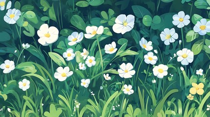 Whimsical White Flowers in a Lush Green Meadow: Digital Painting Illustration AI Generated