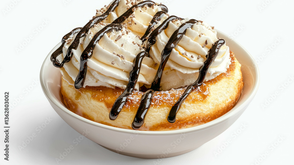 Poster delicious donut with ice cream and chocolate drizzle in a bowl