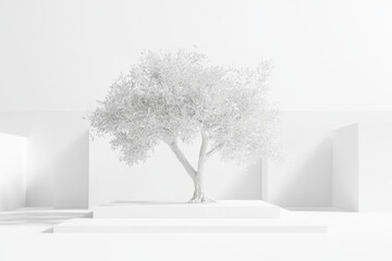 Serene White Tree on Minimalist Platform Modern Zen Garden Abstract Nature Scene