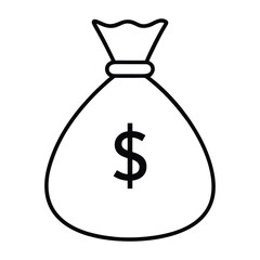 Simple black line art illustration of a money bag.