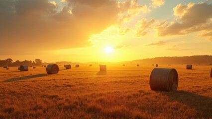 Field of hay bales with a sun setting in the background. The sun is setting behind the hay bales, creating a warm and peaceful atmosphere