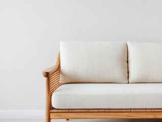 Japandistyle wooden sofa with woven cane backrest, minimalist simplicity, natural wood textures, serene space