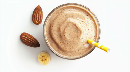 Creamy dried plum almond butter smoothie with banana on white background