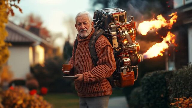 Active fun retirement. Senior elderly man carrying a futuristic jetpack emitting flames, enjoying a cup of coffee outdoors before flying away. Video made using Generative AI.