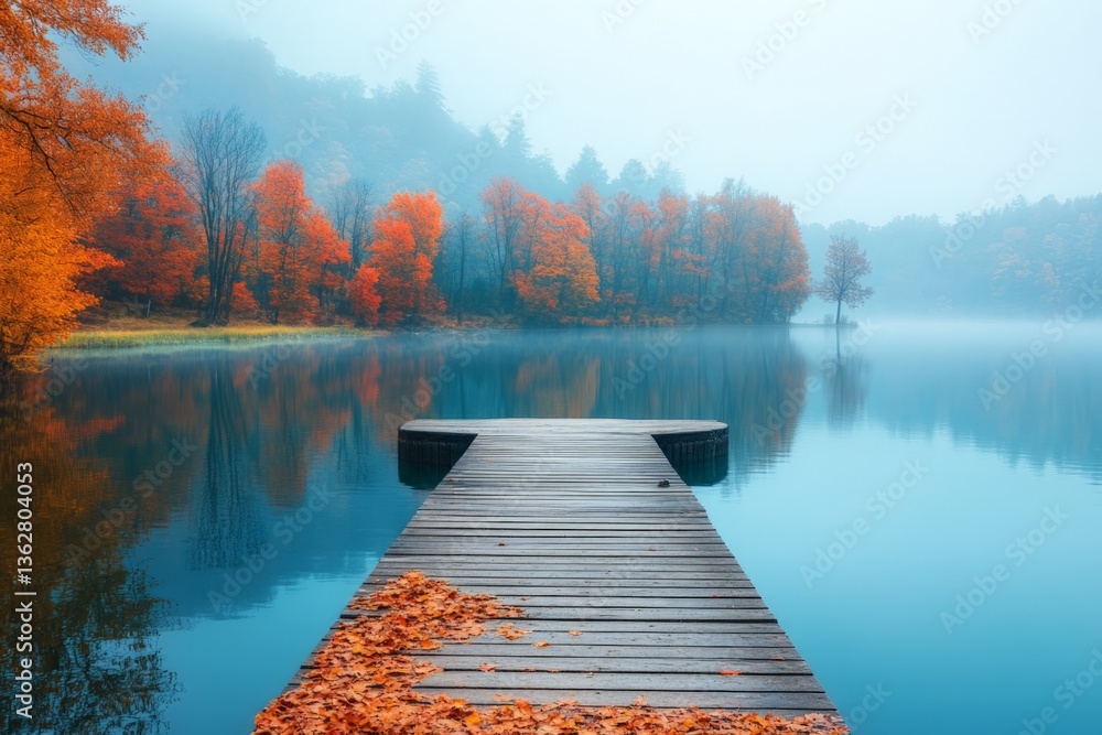 Poster autumn morning serenity with colorful trees and a tranquil lake at dawn