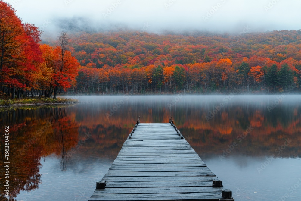 Poster vibrant autumn reflections on a tranquil lake with a wooden dock beneath colorful foliage