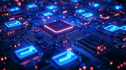 Fototapeta premium Detailed Illuminated View of a Modern Computer Circuit Board Technology