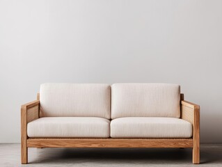 Japandistyle wooden sofa with woven cane backrest, minimalist simplicity, natural wood textures, serene space