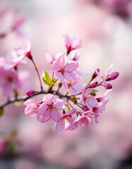 Fototapeta premium Delicate pink blossoms burst forth against a soft spring background, petal, spring blossoms