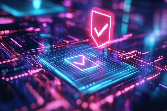 Glowing Check Mark Symbol on Abstract Circuit Board with Futuristic Neon Lights