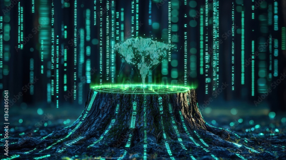 Poster a high-tech display of environmental data projected over a tree stump, symbolizing digital sustainab