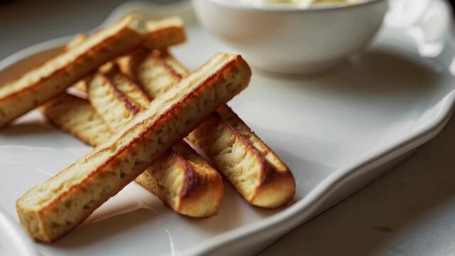 A close-up view of several golden-brown breadsticks arranged on an elegant white serving tray, with a small bowl of creamy dipping sauce placed in the background, softly lit for a warm 