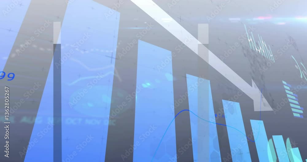 Poster animation of blue bar graph with downward arrow and hexagonal pattern overlay