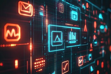 Glowing Digital Interface with Icons Network, Graph, Check, Email, Landscape, App