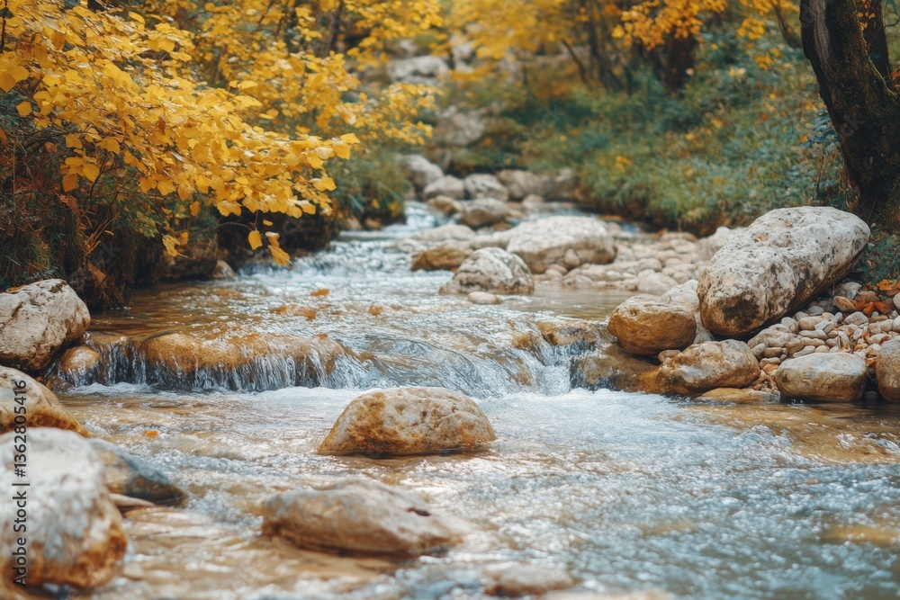 Poster flowing stream surrounded by vibrant autumn foliage in a serene natural setting