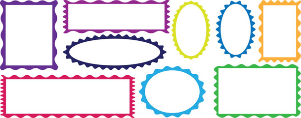 Scalloped frame set. Zigzag, scallop edge, Abstract zig zag edge rectangle shape collection. Set of drawing wavy elegant. 