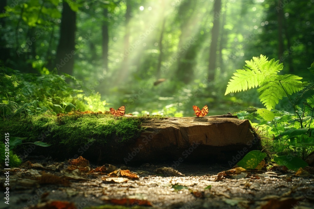 Poster Sunlight filters through trees, illuminating butterflies resting on a mossy log in a lush forest