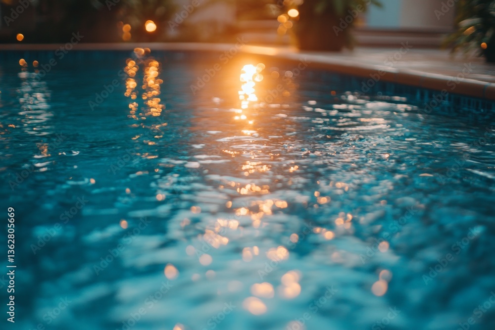 Aufkleber evening sun reflecting on tranquil pool water surrounded by lush greenery in a serene outdoor settin