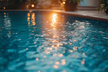 Evening sun reflecting on tranquil pool water surrounded by lush greenery in a serene outdoor setting