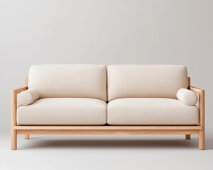 Sleek birch wood sofa, light natural finish, minimalist linear form, cozy and inviting modern space