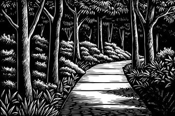 Fototapeta premium black and white walkway path in a green spring beech forest landscape