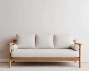 Minimalist oakframe wooden sofa, slim silhouette, refined simplicity, soft neutraltoned cushions