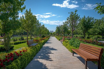 Fototapeta premium Calm and scenic park pathway lined with benches and colorful flowers on a sunny day