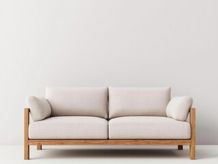 Minimalist wooden sofa with intricate joinery, precision craftsmanship, highend neutral fabric cushions
