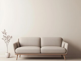 Floating wooden sofa with sleek curved legs, minimalist highend design, warm soft cushions, elegant setting