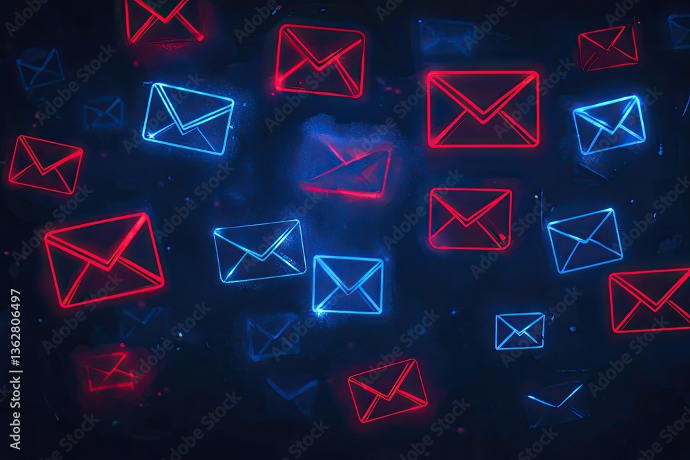 Poster glowing mail envelopes background with red and blue neon outlines on dark backdrop