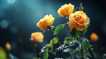 Obraz premium Dew-Kissed Yellow Roses in a Twilight Garden AI Generated