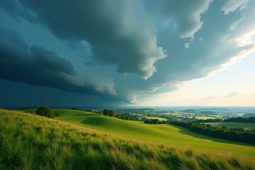 Stormy cloud drifts across the rolling hills of Lithuania, storm, cloud