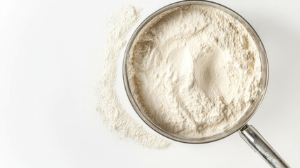 Vintage sifter filled with flour on white background for baking and cooking themes