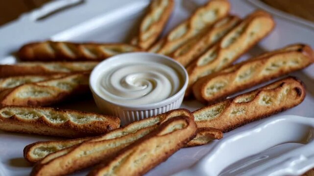 A plate of golden-brown breadsticks arranged in a circle around a ramekin filled with creamy white dipping sauce, served on an elegant white tray for a warm and inviting snack presentation.

