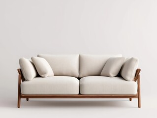 Darkstained oak sofa with minimalist geometric structure, luxury modern appeal, neutraltoned cushions