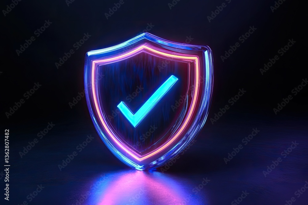 Poster glowing shield with checkmark. abstract neon lit security, data protection concept art