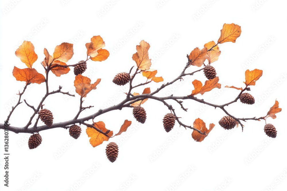 Poster branch with autumn leaves and pinecones captured against a white background in a serene natural sett