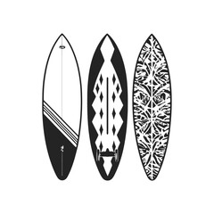 black and white vector illustration of two crossed surfboards standing in the sand on a white background, ideal for PNG files